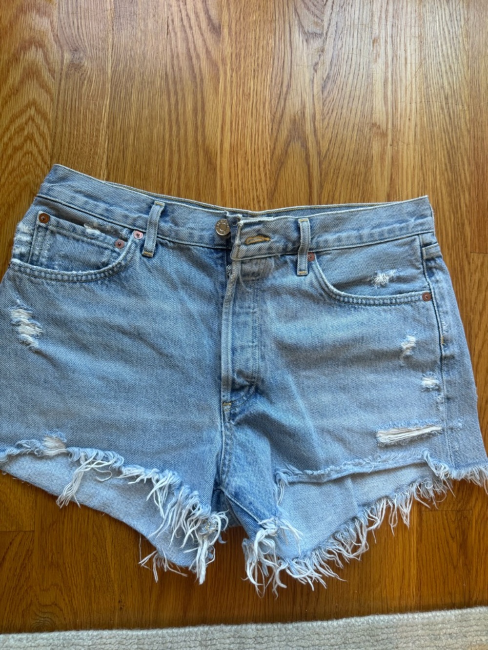 Agolde Light Blue Distressed High-Rise Jean Shorts